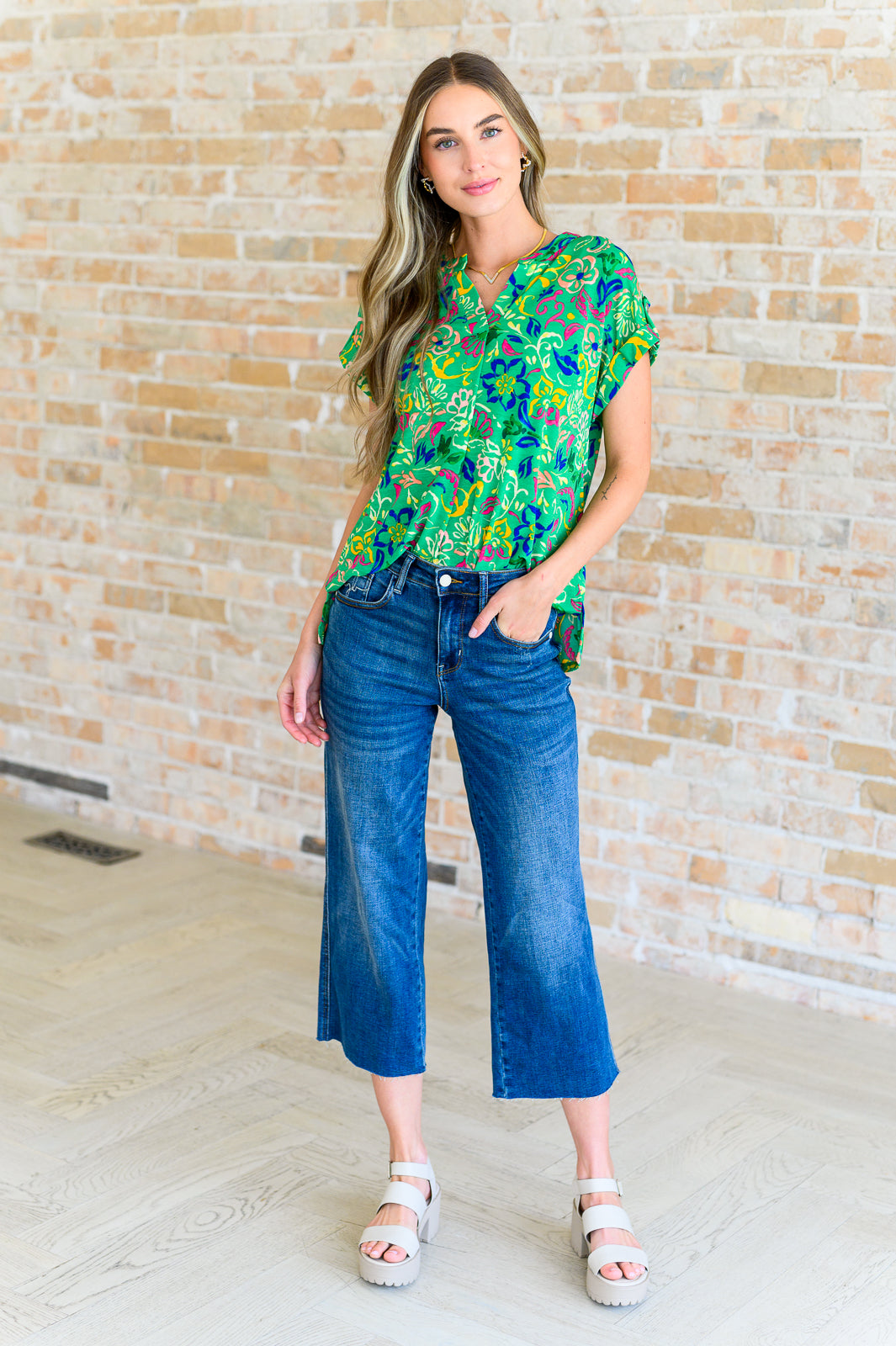 Lizzy Cap Sleeve Top in Green and Royal Watercolor Floral-Tops-Ave Shops-Market Street Nest, Fashionable Clothing, Shoes and Home Décor Located in Mabank, TX