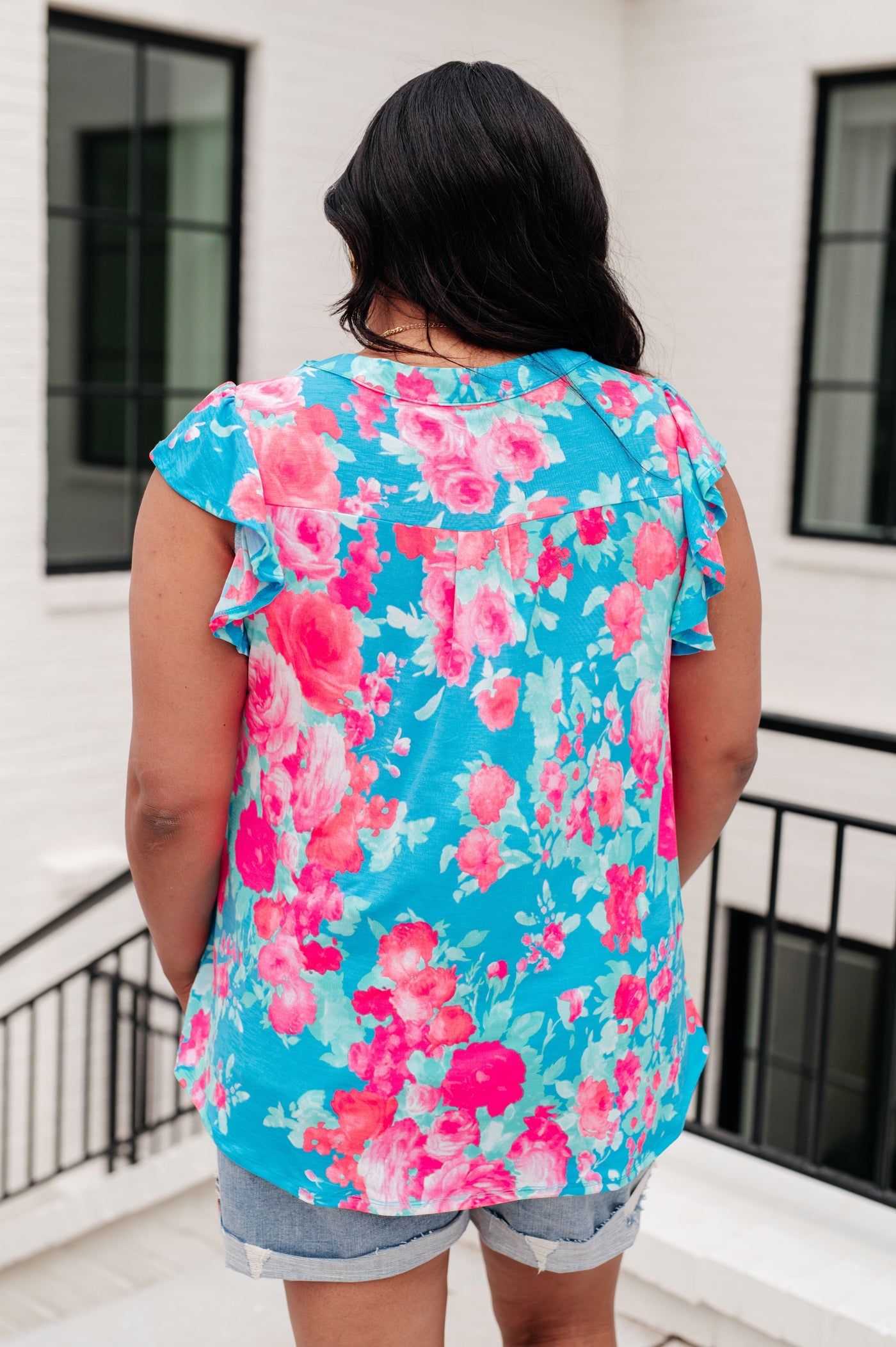 Lizzy Flutter Sleeve Top in Blue and Pink Roses-Tops-Ave Shops-Market Street Nest, Fashionable Clothing, Shoes and Home Décor Located in Mabank, TX