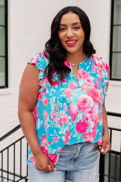 Lizzy Flutter Sleeve Top in Blue and Pink Roses-Tops-Ave Shops-Market Street Nest, Fashionable Clothing, Shoes and Home Décor Located in Mabank, TX