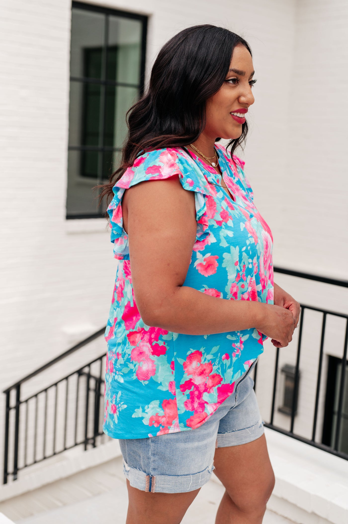 Lizzy Flutter Sleeve Top in Blue and Pink Roses-Tops-Ave Shops-Market Street Nest, Fashionable Clothing, Shoes and Home Décor Located in Mabank, TX