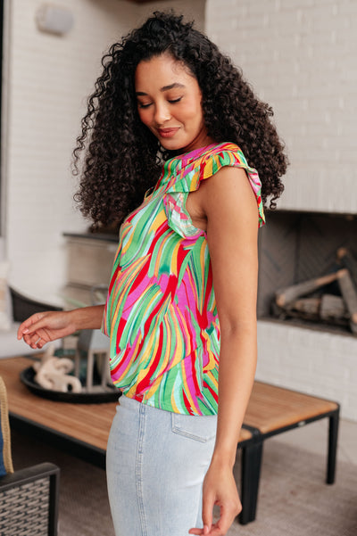 Lizzy Flutter Sleeve Top in Green Multi Abstract Stripe-Tops-Ave Shops-Market Street Nest, Fashionable Clothing, Shoes and Home Décor Located in Mabank, TX