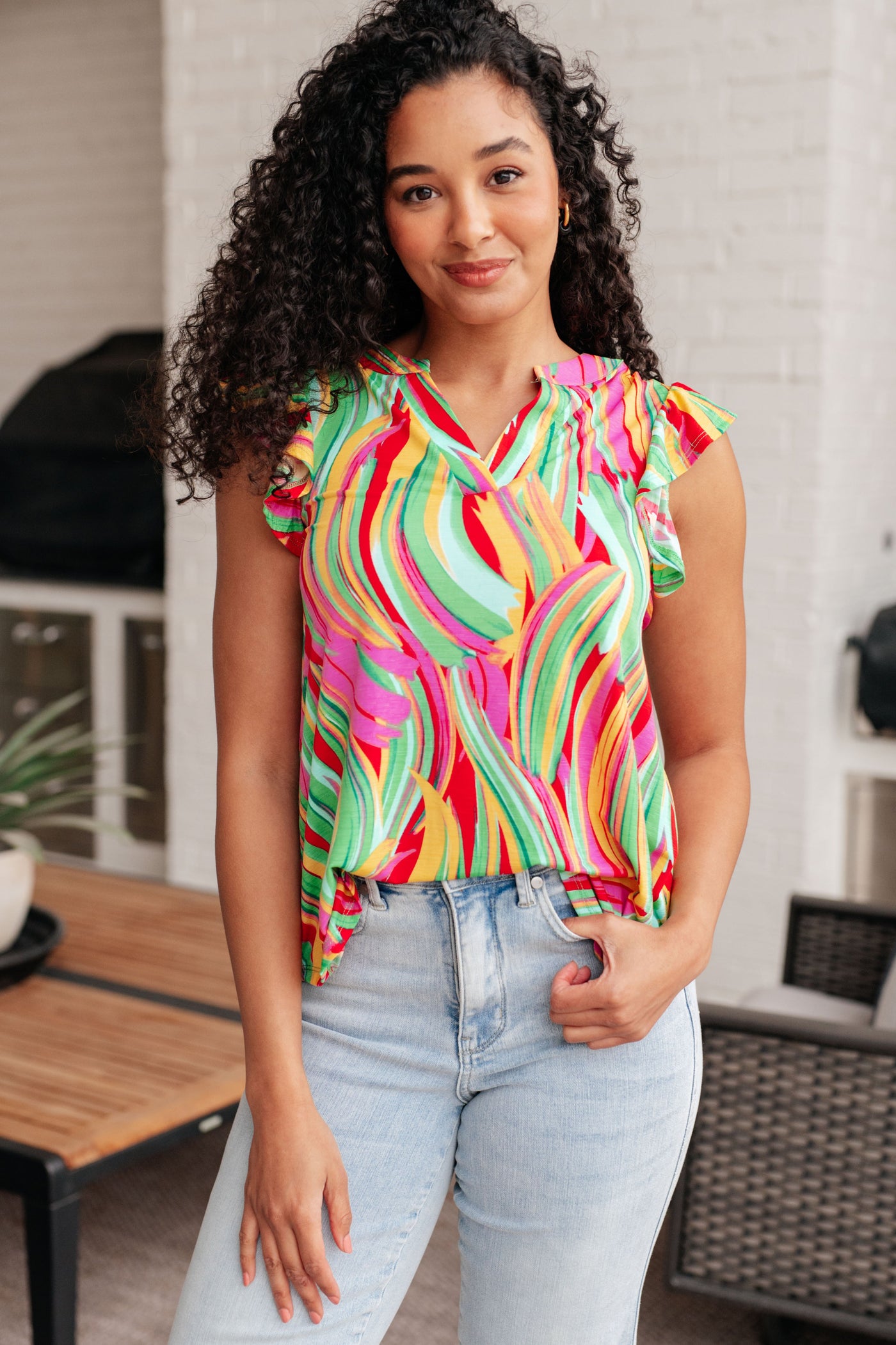 Lizzy Flutter Sleeve Top in Green Multi Abstract Stripe-Tops-Ave Shops-Market Street Nest, Fashionable Clothing, Shoes and Home Décor Located in Mabank, TX