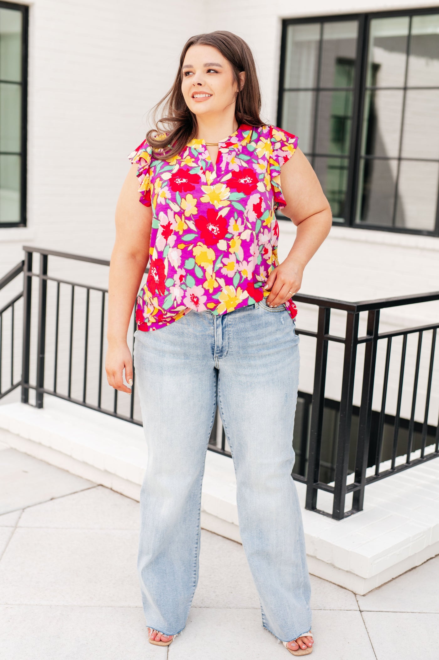 Lizzy Flutter Sleeve Top in Magenta and Yellow Floral-Tops-Ave Shops-Market Street Nest, Fashionable Clothing, Shoes and Home Décor Located in Mabank, TX