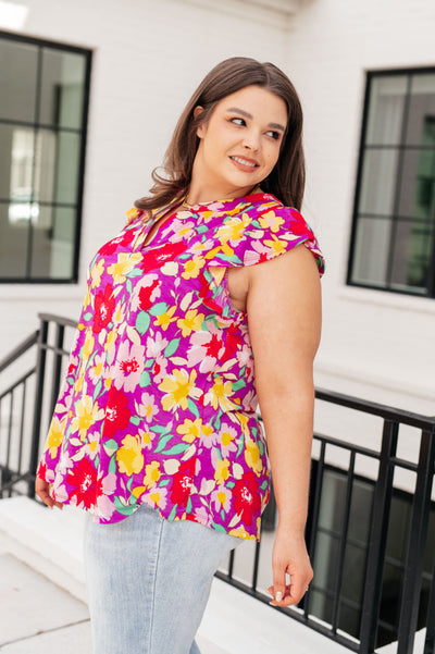 Lizzy Flutter Sleeve Top in Magenta and Yellow Floral-Tops-Ave Shops-Market Street Nest, Fashionable Clothing, Shoes and Home Décor Located in Mabank, TX