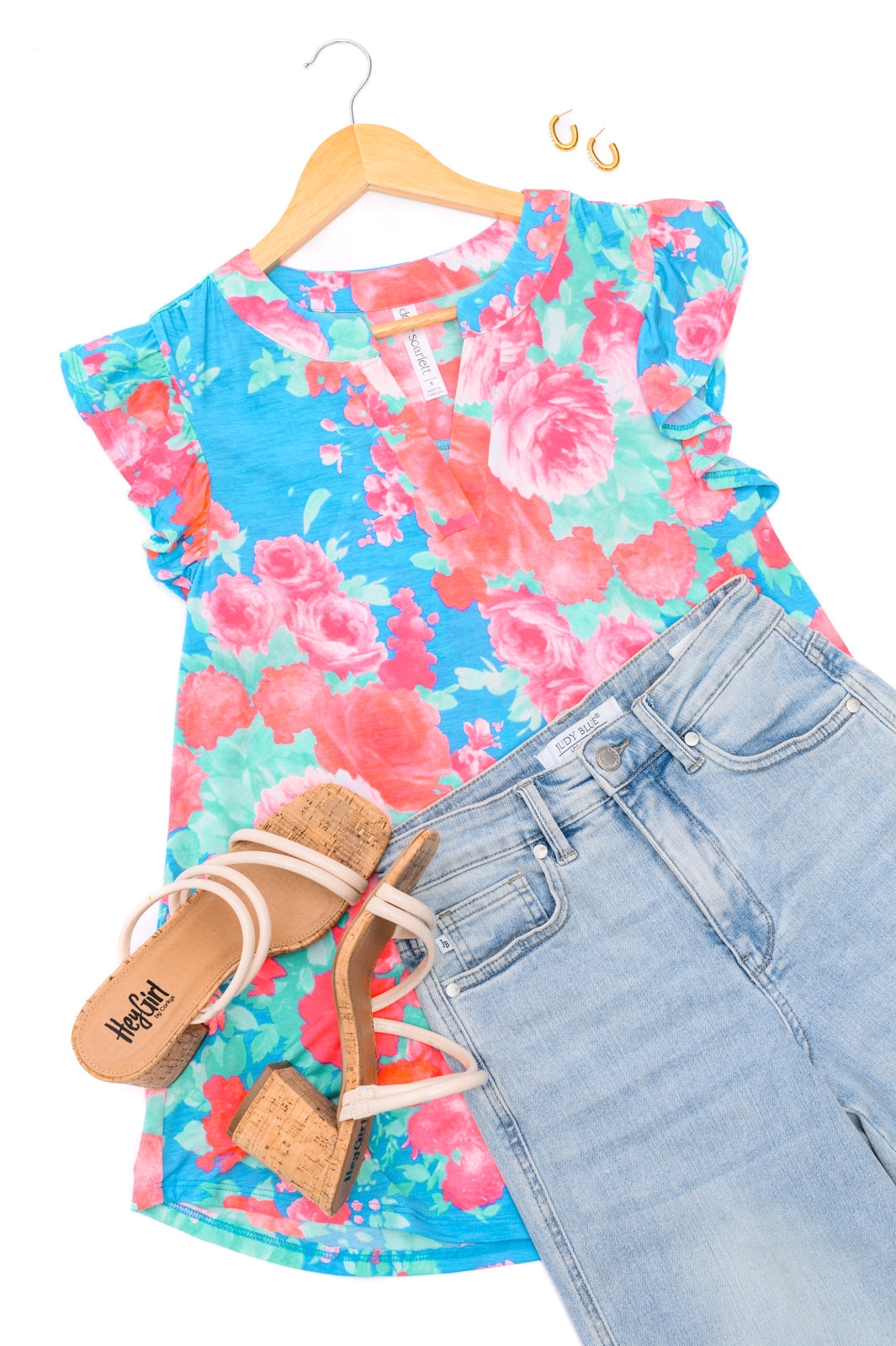 Lizzy Flutter Sleeve Top in Blue and Pink Roses-Tops-Ave Shops-Market Street Nest, Fashionable Clothing, Shoes and Home Décor Located in Mabank, TX