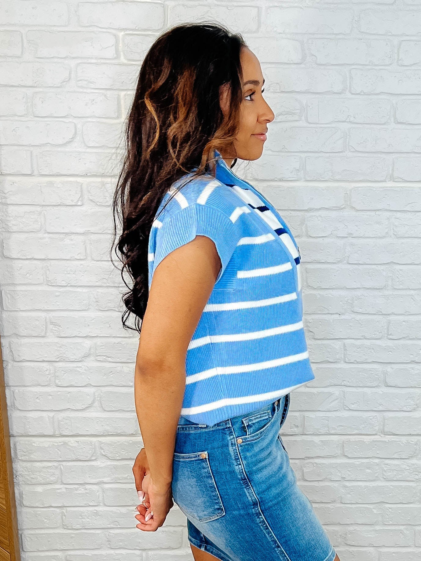 Lonely Traveler Striped Quarter Zip Vest in Blue-Womens-Ave Shops-Market Street Nest, Fashionable Clothing, Shoes and Home Décor Located in Mabank, TX