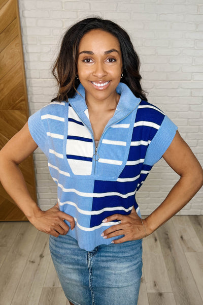 Lonely Traveler Striped Quarter Zip Vest in Blue-Womens-Ave Shops-Market Street Nest, Fashionable Clothing, Shoes and Home Décor Located in Mabank, TX