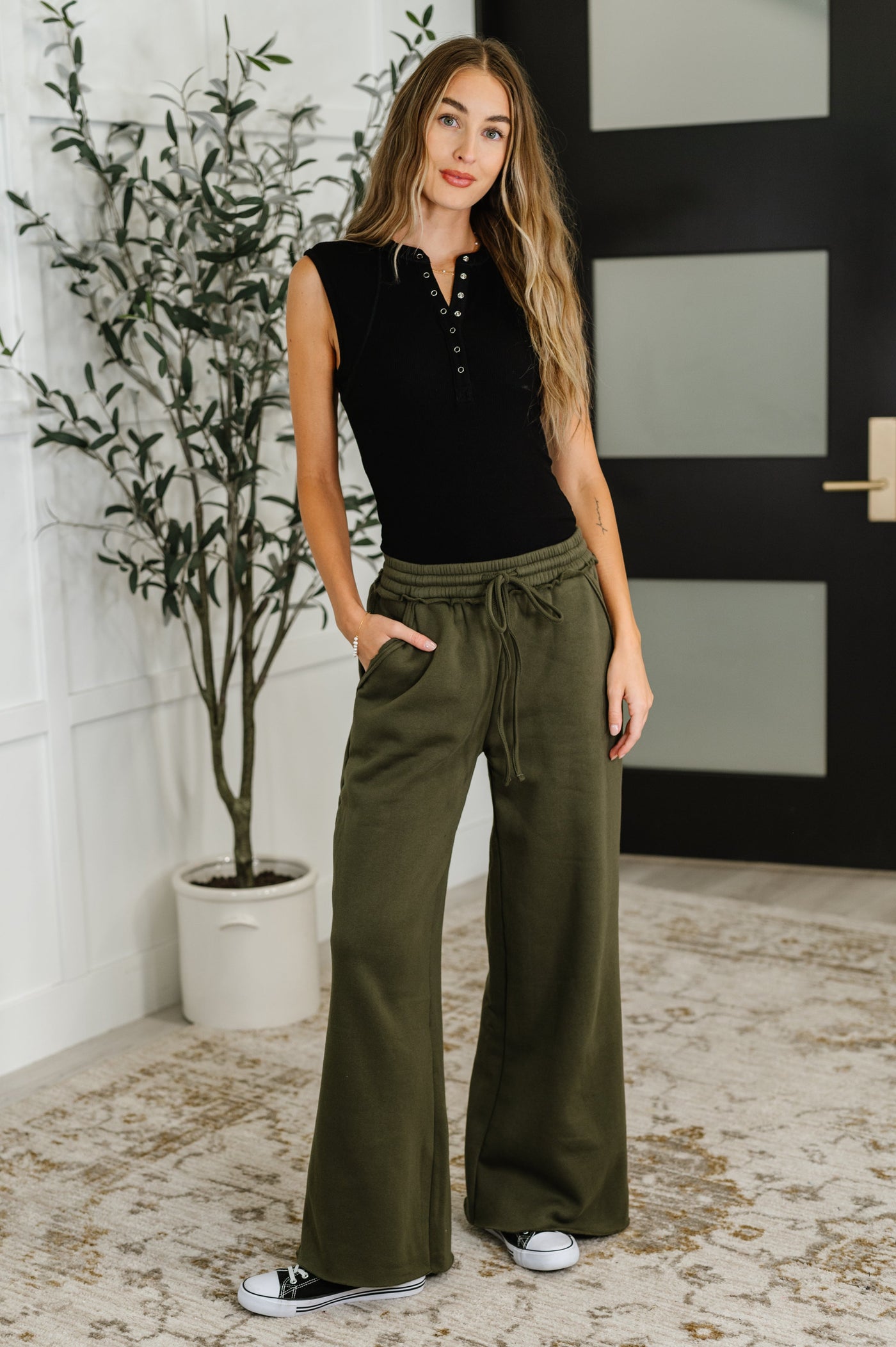 Lounge Line Wide Leg Sweats in Dark Olive-Womens-Ave Shops-Market Street Nest, Fashionable Clothing, Shoes and Home Décor Located in Mabank, TX