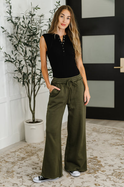Lounge Line Wide Leg Sweats in Dark Olive-Womens-Ave Shops-Market Street Nest, Fashionable Clothing, Shoes and Home Décor Located in Mabank, TX