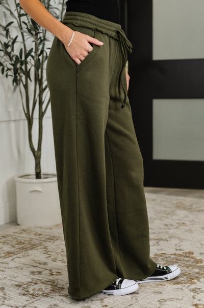 Lounge Line Wide Leg Sweats in Dark Olive-Womens-Ave Shops-Market Street Nest, Fashionable Clothing, Shoes and Home Décor Located in Mabank, TX