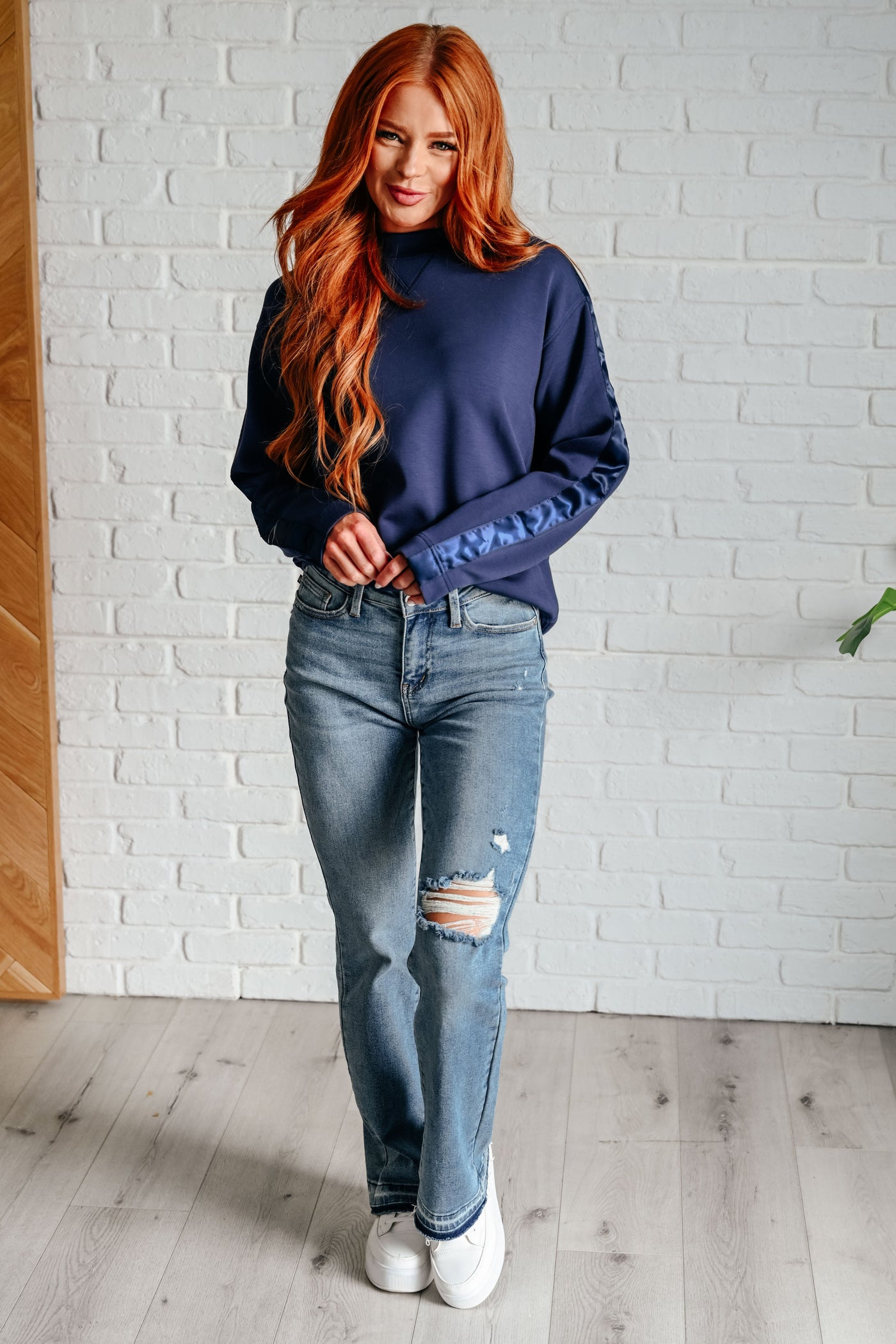 Lysa Satin Stripe Pullover in Smoky Navy-Athleisure-Ave Shops-Market Street Nest, Fashionable Clothing, Shoes and Home Décor Located in Mabank, TX