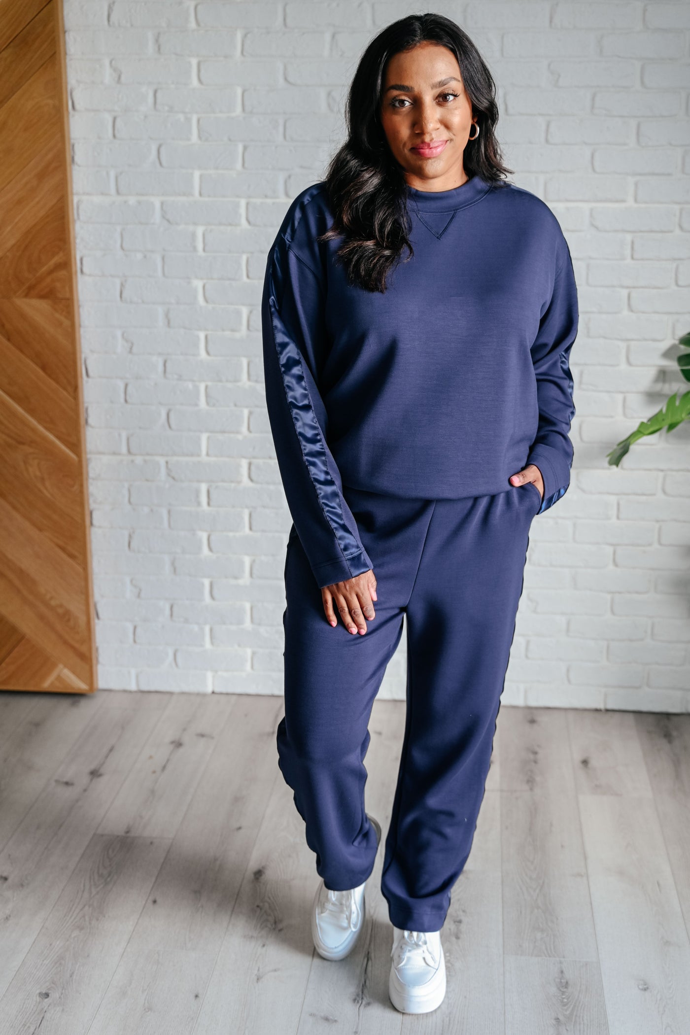 Lysa Satin Stripe Pullover in Smoky Navy-Athleisure-Ave Shops-Market Street Nest, Fashionable Clothing, Shoes and Home Décor Located in Mabank, TX