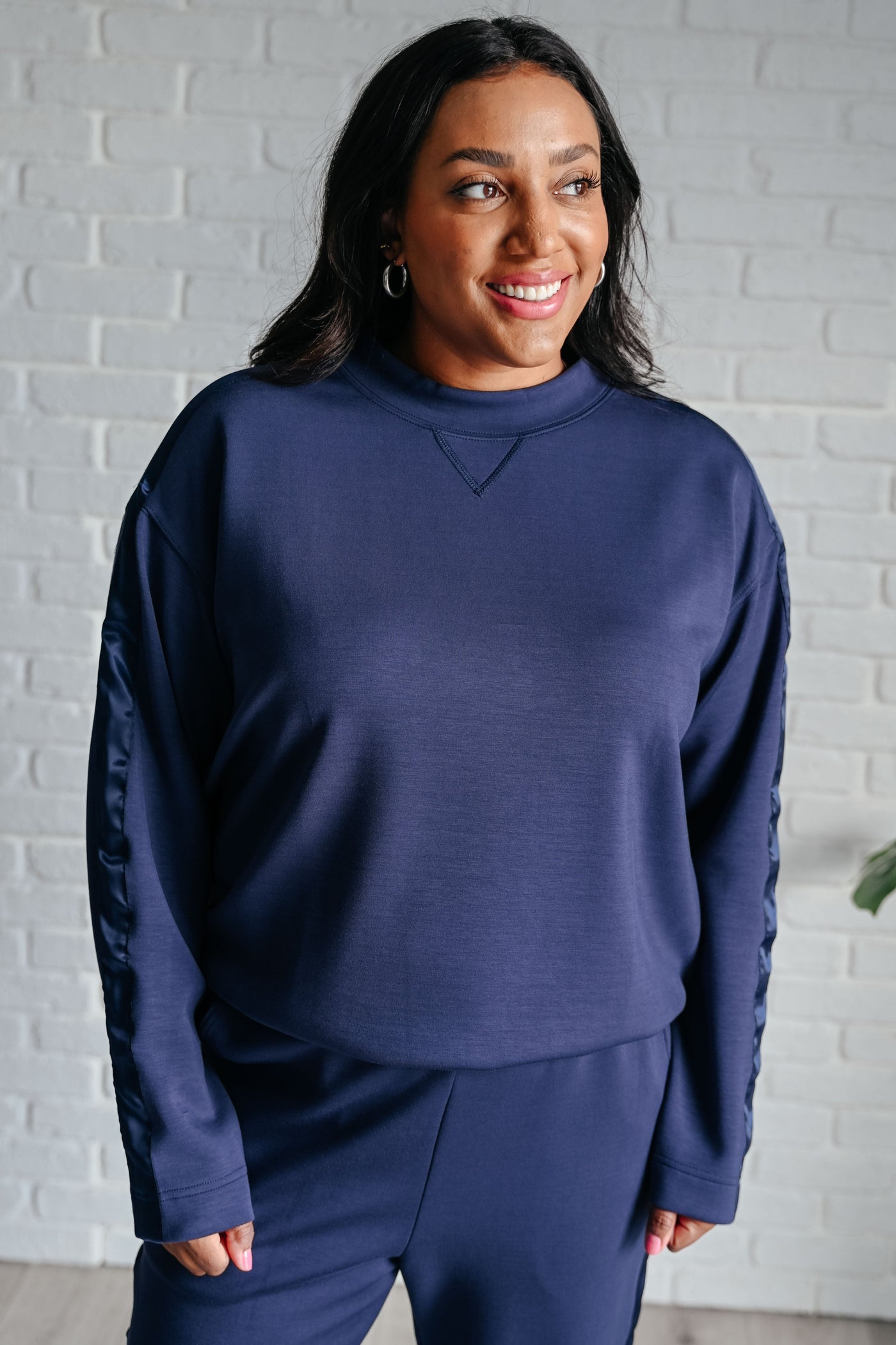 Lysa Satin Stripe Pullover in Smoky Navy-Athleisure-Ave Shops-Market Street Nest, Fashionable Clothing, Shoes and Home Décor Located in Mabank, TX