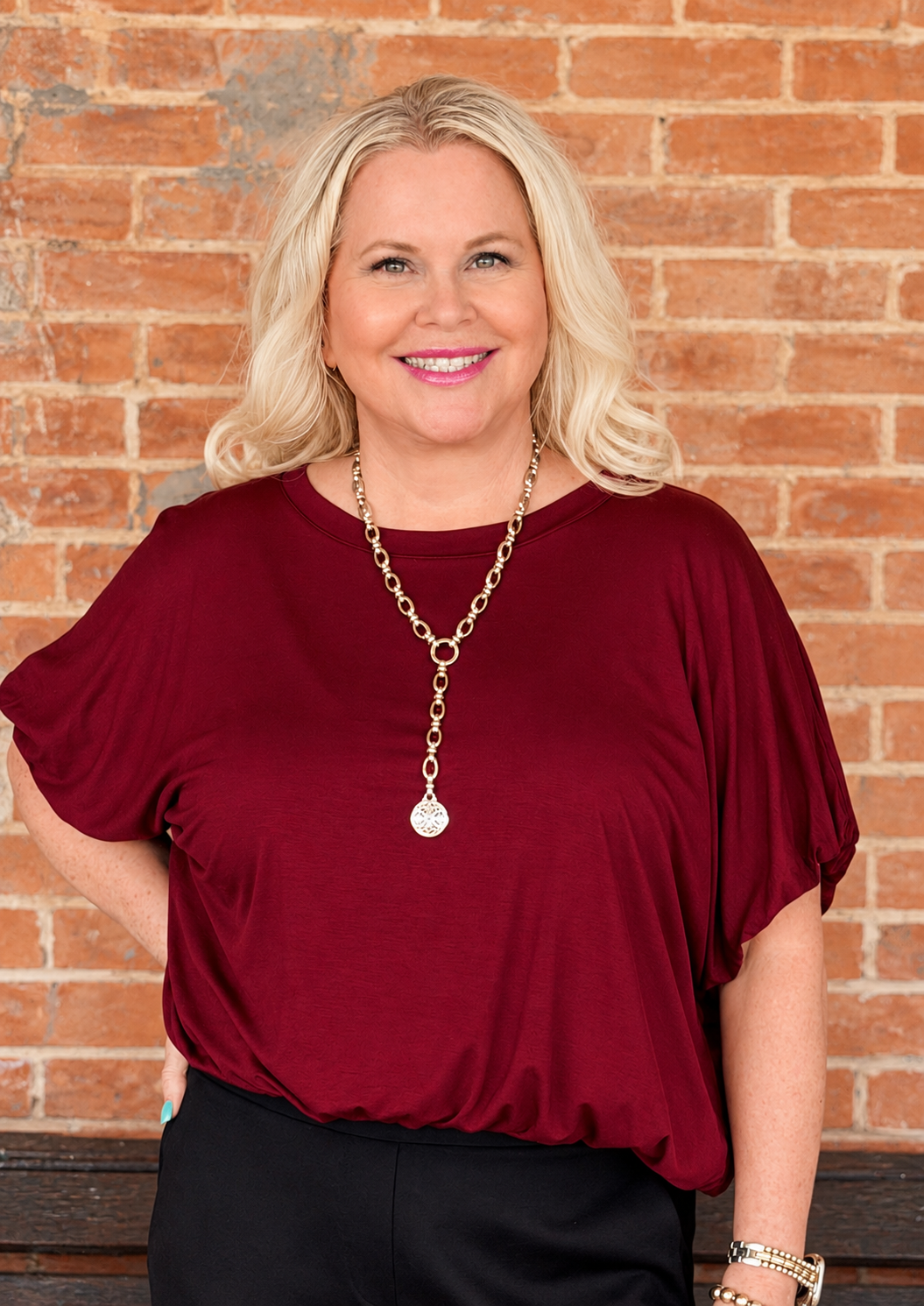 Double Lined Bubble Sleeve &amp; Hem Top - Wine-08-Tops-Umgee USA Inc-Market Street Nest, Fashionable Clothing, Shoes and Home Décor Located in Mabank, TX