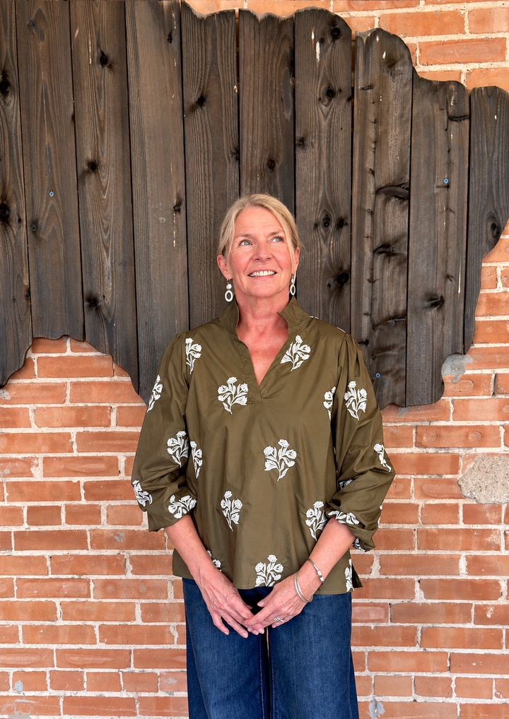 Mary Square Kayla Embroidered Top | Moonlit Grace Olive-08-Tops-MARY SQUARE-Market Street Nest, Fashionable Clothing, Shoes and Home Décor Located in Mabank, TX