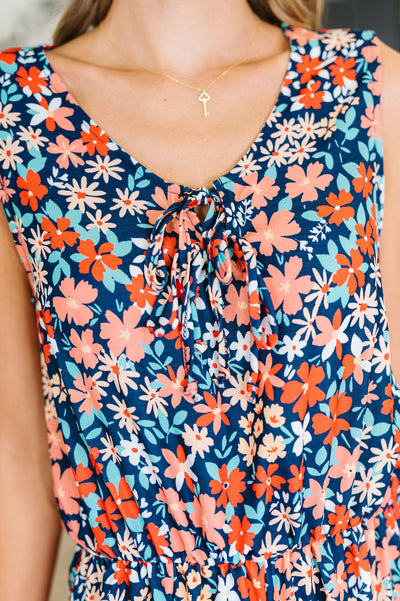 Meadow Mischief Sleeveless Romper in Navy/Orange/Teal-Womens-Ave Shops-Market Street Nest, Fashionable Clothing, Shoes and Home Décor Located in Mabank, TX