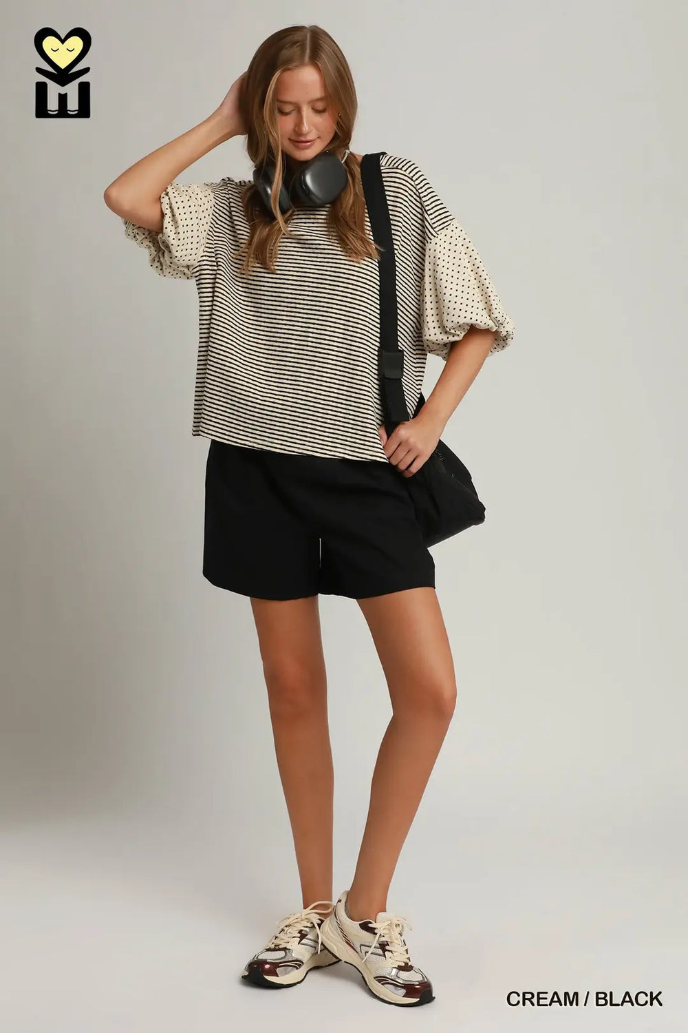 Mohme Stripe / Polka Dot Bubble Sleeve Oversized Top | Cream/Black-08-Tops-Umgee USA Inc-Market Street Nest, Fashionable Clothing, Shoes and Home Décor Located in Mabank, TX