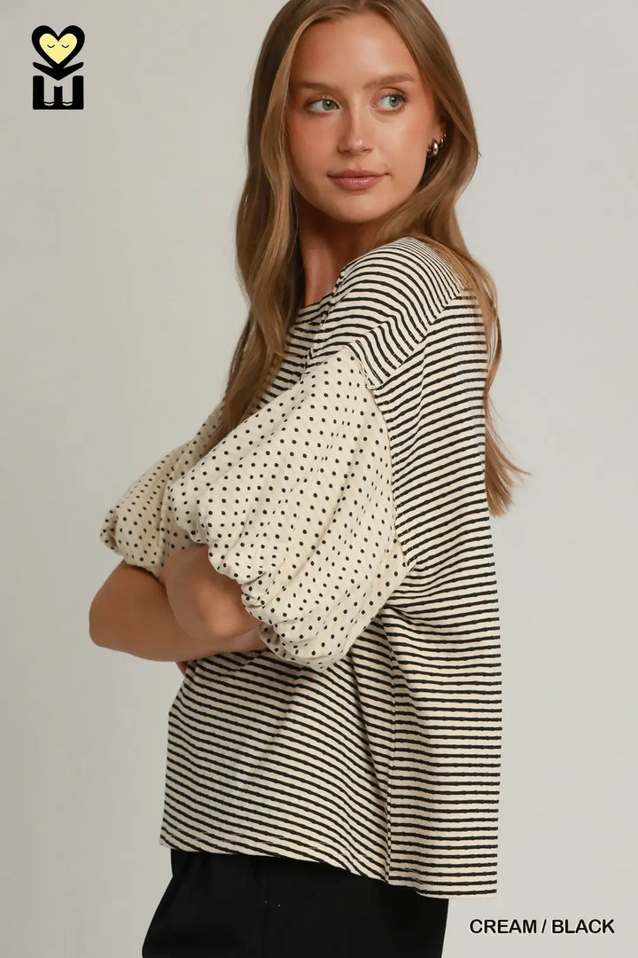 Mohme Stripe / Polka Dot Bubble Sleeve Oversized Top | Cream/Black-08-Tops-Umgee USA Inc-Market Street Nest, Fashionable Clothing, Shoes and Home Décor Located in Mabank, TX