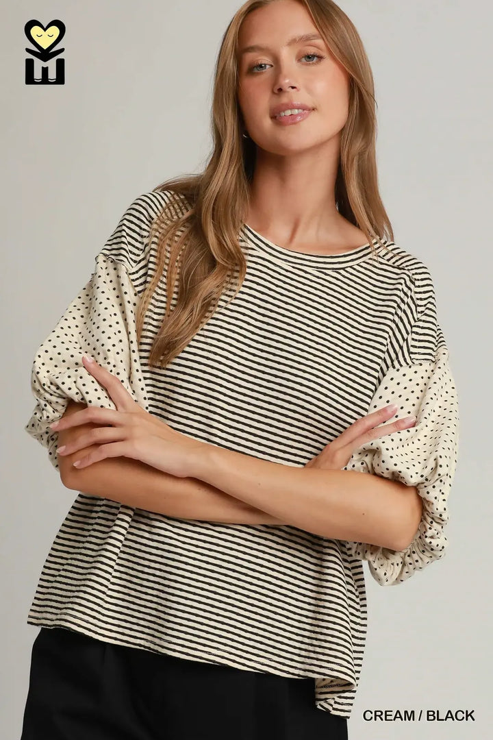 Mohme Stripe / Polka Dot Bubble Sleeve Oversized Top | Cream/Black-08-Tops-Umgee USA Inc-Market Street Nest, Fashionable Clothing, Shoes and Home Décor Located in Mabank, TX