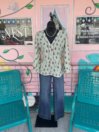 Monroe Cottage Green Stripe Top-Tops-Mary Square-Market Street Nest, Fashionable Clothing, Shoes and Home Décor Located in Mabank, TX