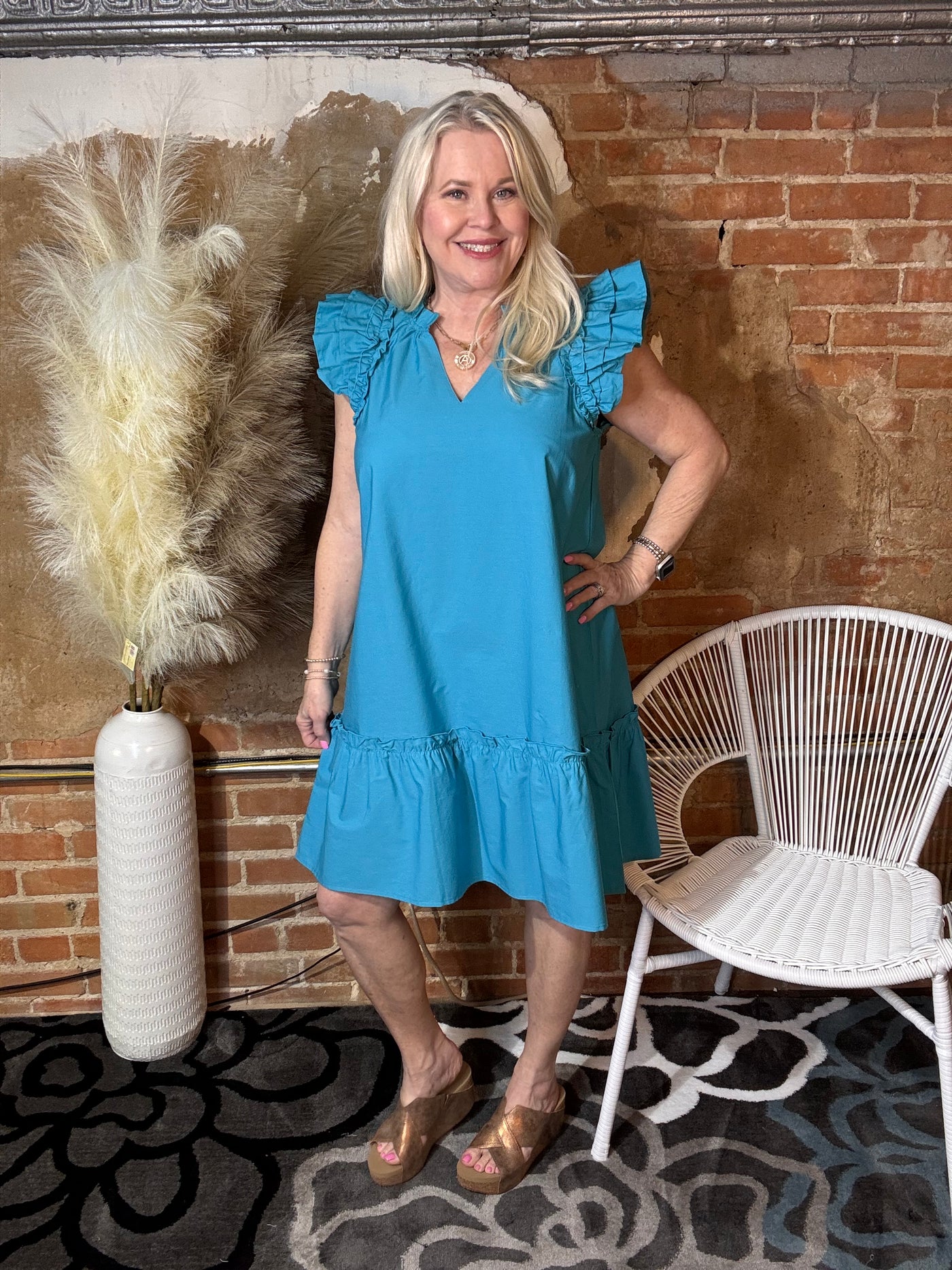 Mud Pie Riggs Ruffle Dress in Blue-Dresses & Rompers-Mud Pie-Market Street Nest, Fashionable Clothing, Shoes and Home Décor Located in Mabank, TX