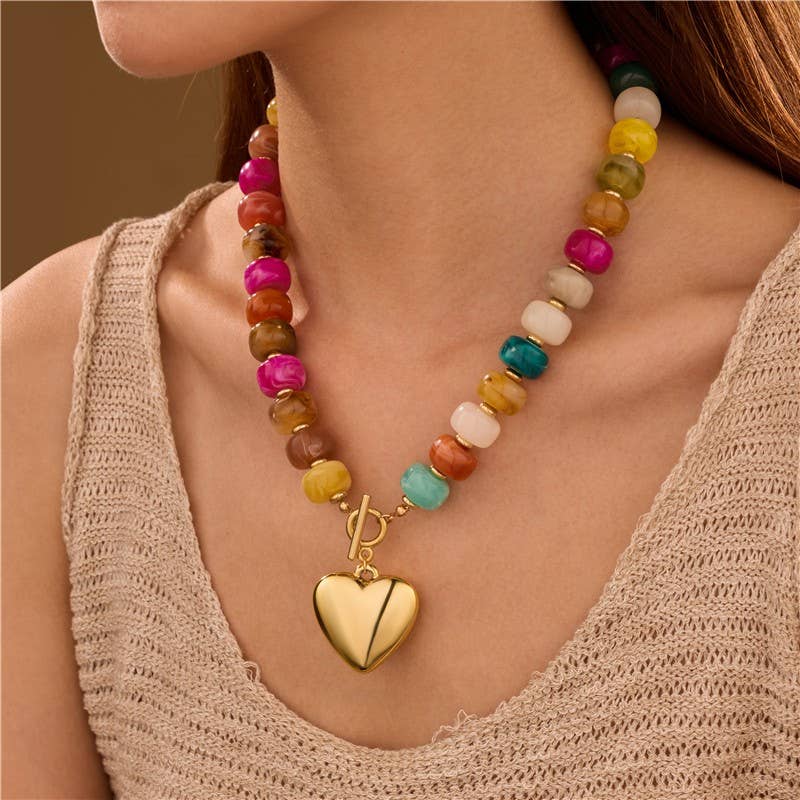 MULTI BEADED HEART CHARM TOGGLE NECKLACE | 40NK9700-JOSSLYN by wall to wall-Market Street Nest, Fashionable Clothing, Shoes and Home Décor Located in Mabank, TX