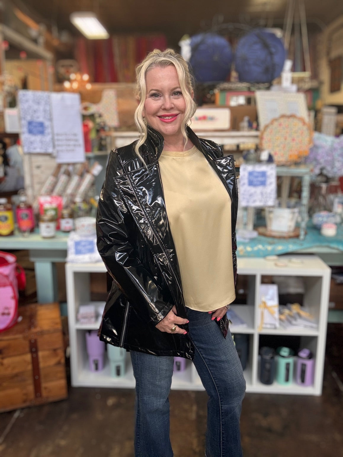 Oopera Shiny Faux Leather Jacket-Tops-Ed Truman Associates-Market Street Nest, Fashionable Clothing, Shoes and Home Décor Located in Mabank, TX
