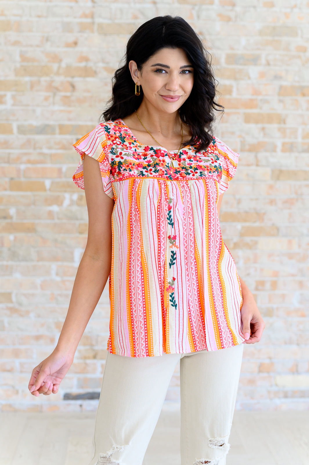 Orange Blossoms Flutter Sleeve Blouse-Tops-Ave Shops-Market Street Nest, Fashionable Clothing, Shoes and Home Décor Located in Mabank, TX