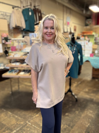 P. CILL Butter Modal Contrast Rib Short Sleeve Tunic Top - Taupe-Tops-Before You Collection-Market Street Nest, Fashionable Clothing, Shoes and Home Décor Located in Mabank, TX