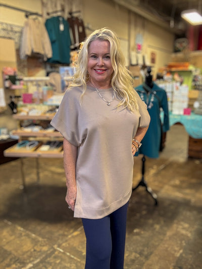 P. CILL Butter Modal Contrast Rib Short Sleeve Tunic Top - Taupe-Tops-Before You Collection-Market Street Nest, Fashionable Clothing, Shoes and Home Décor Located in Mabank, TX