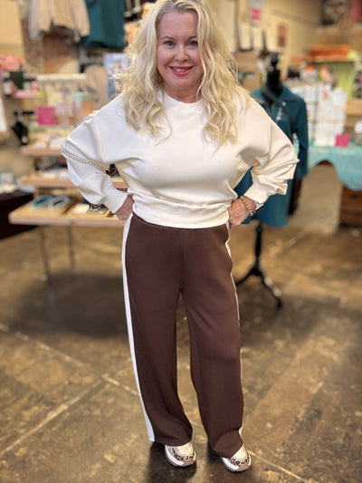 P. CILL Butter Modal Side Stripe Wide Leg Pants - Cocoa-Bottoms-Before You Collection-Market Street Nest, Fashionable Clothing, Shoes and Home Décor Located in Mabank, TX