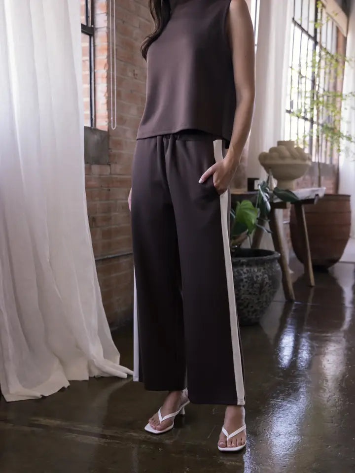 P. CILL Butter Modal Side Stripe Wide Leg Pants - Cocoa-Bottoms-Before You Collection-Market Street Nest, Fashionable Clothing, Shoes and Home Décor Located in Mabank, TX