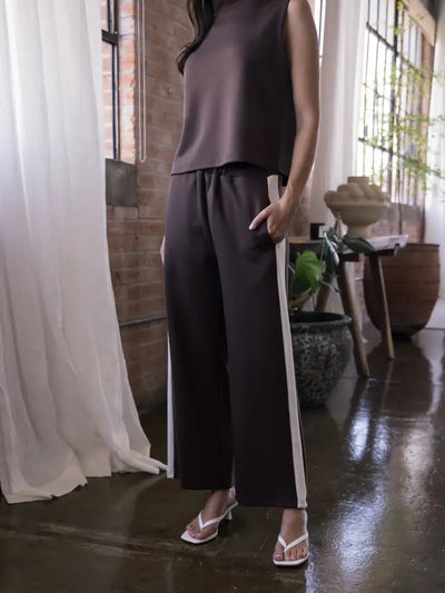 P. CILL Butter Modal Side Stripe Wide Leg Pants - Cocoa-Bottoms-Before You Collection-Market Street Nest, Fashionable Clothing, Shoes and Home Décor Located in Mabank, TX