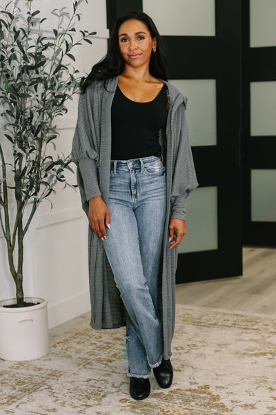 Pamper Travel Hooded Cardigan in Charcoal-Womens-Ave Shops-Market Street Nest, Fashionable Clothing, Shoes and Home Décor Located in Mabank, TX