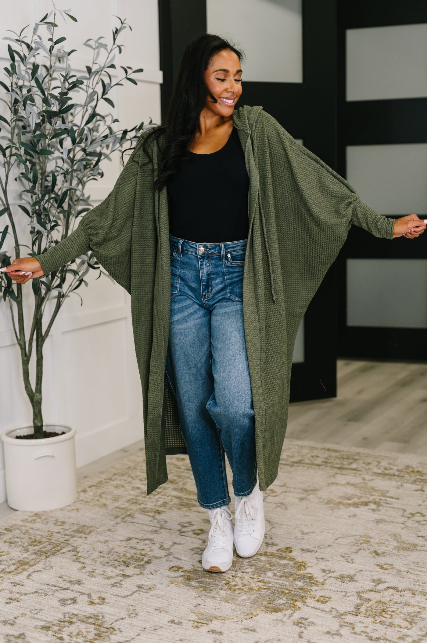 Pamper Travel Hooded Cardigan in Olive-Womens-Ave Shops-Market Street Nest, Fashionable Clothing, Shoes and Home Décor Located in Mabank, TX