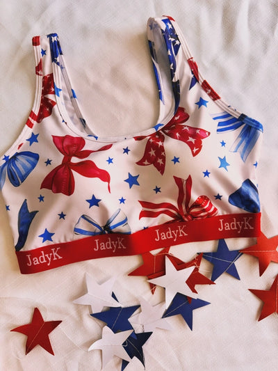 Front View. Patriotic Bralettes-Loungewear-JadyK-Market Street Nest, Fashionable Clothing, Shoes and Home Décor Located in Mabank, TX