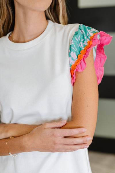 Petals & Poise Floral Flutter Sleeve Top in White-Womens-Ave Shops-Market Street Nest, Fashionable Clothing, Shoes and Home Décor Located in Mabank, TX