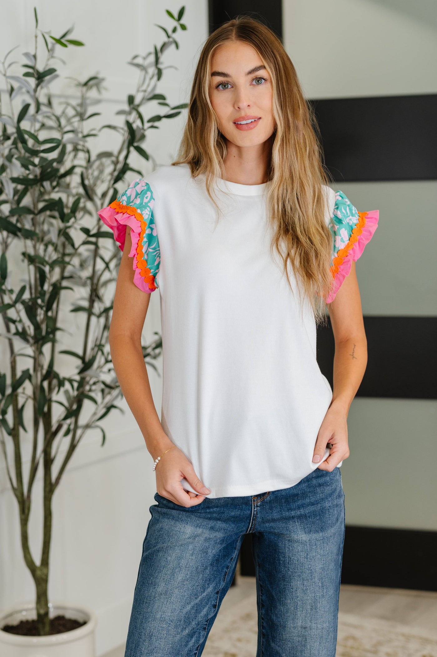 Petals & Poise Floral Flutter Sleeve Top in White-Womens-Ave Shops-Market Street Nest, Fashionable Clothing, Shoes and Home Décor Located in Mabank, TX
