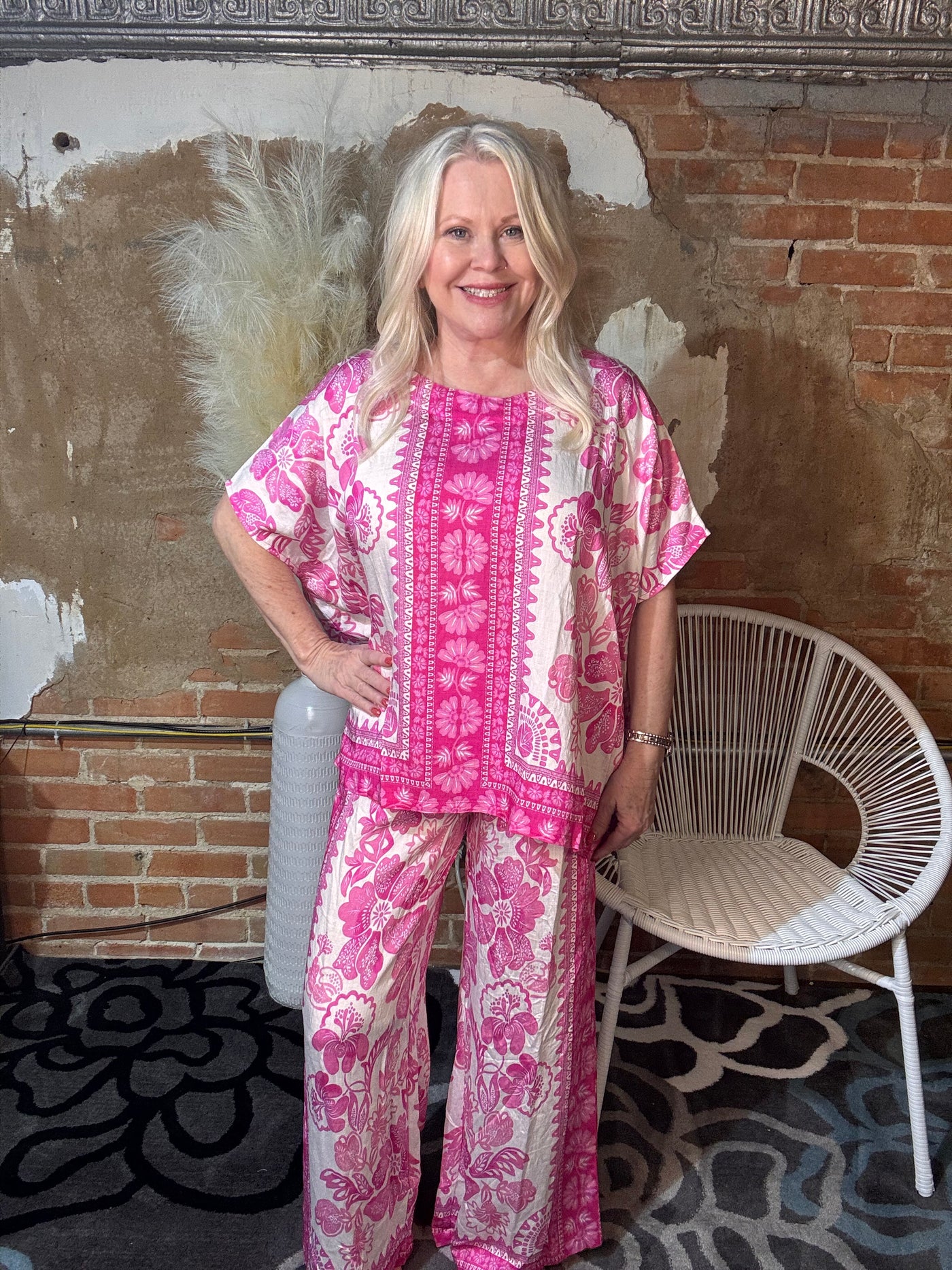 Pink Floral Border Print Pants-Bottoms-Umgee USA Inc-Market Street Nest, Fashionable Clothing, Shoes and Home Décor Located in Mabank, TX