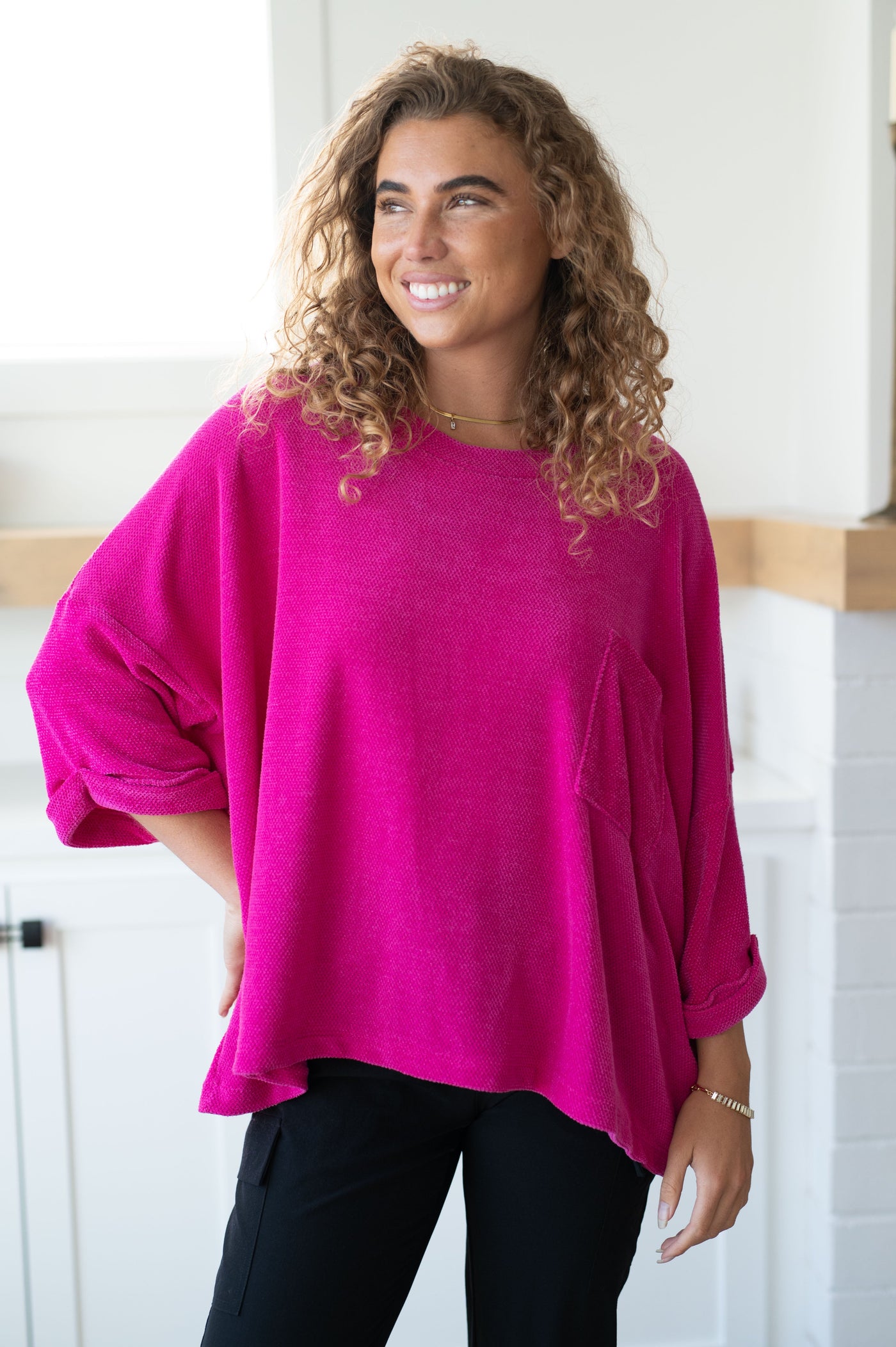 Pink Thoughts Chenille Blouse-Blouses-Ave Shops-Market Street Nest, Fashionable Clothing, Shoes and Home Décor Located in Mabank, TX