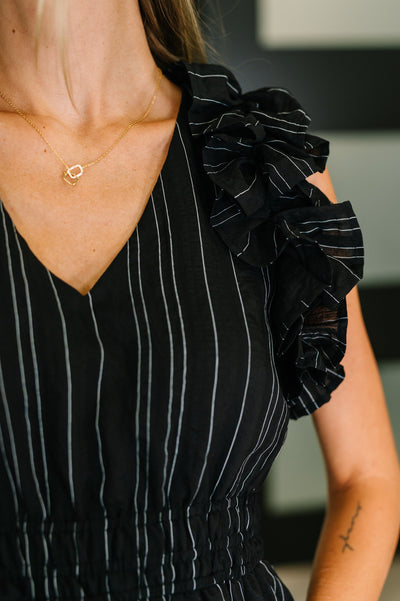 Pinstripe Romance V-Neck Ruffle Sleeve Dress in Black-Womens-Ave Shops-Market Street Nest, Fashionable Clothing, Shoes and Home Décor Located in Mabank, TX