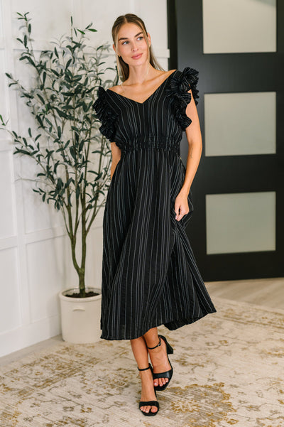Pinstripe Romance V-Neck Ruffle Sleeve Dress in Black-Womens-Ave Shops-Market Street Nest, Fashionable Clothing, Shoes and Home Décor Located in Mabank, TX