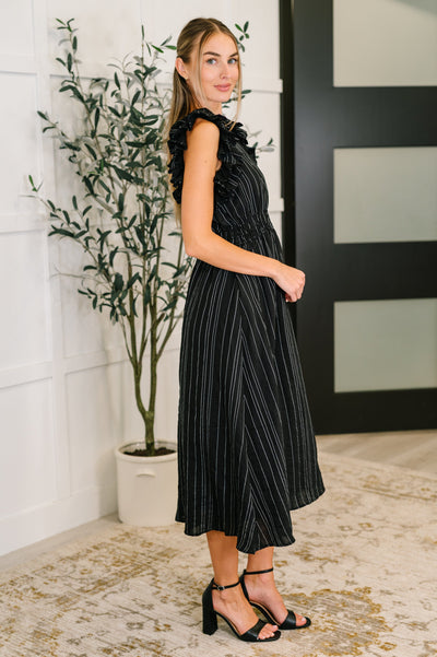 Pinstripe Romance V-Neck Ruffle Sleeve Dress in Black-Womens-Ave Shops-Market Street Nest, Fashionable Clothing, Shoes and Home Décor Located in Mabank, TX