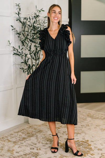 Pinstripe Romance V-Neck Ruffle Sleeve Dress in Black-Womens-Ave Shops-Market Street Nest, Fashionable Clothing, Shoes and Home Décor Located in Mabank, TX