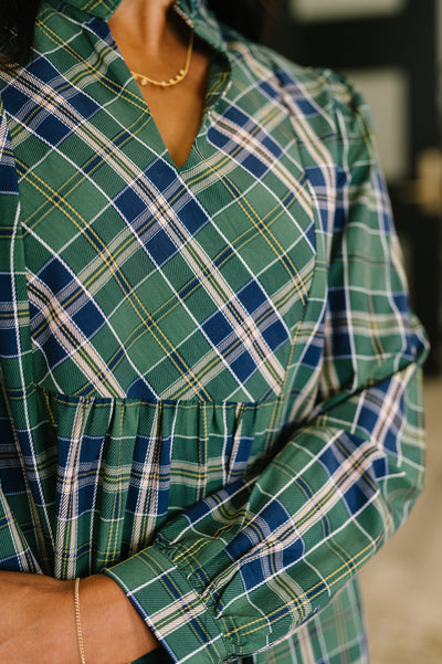 Plaid Perspective Split Neck Long Sleeve Dress-Womens-Ave Shops-Market Street Nest, Fashionable Clothing, Shoes and Home Décor Located in Mabank, TX