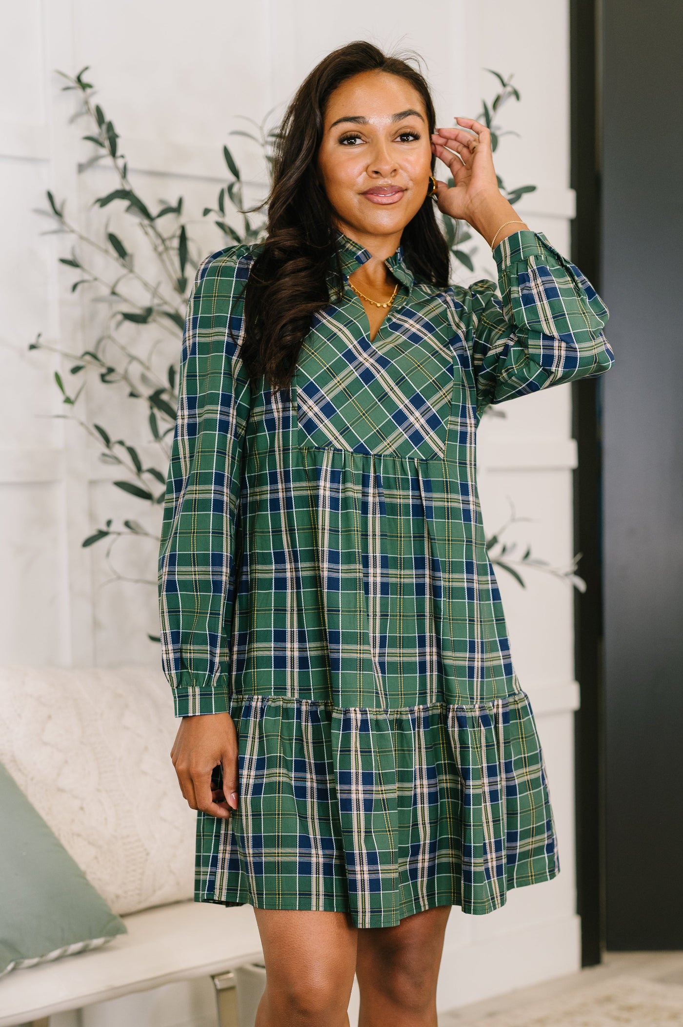 Plaid Perspective Split Neck Long Sleeve Dress-Womens-Ave Shops-Market Street Nest, Fashionable Clothing, Shoes and Home Décor Located in Mabank, TX