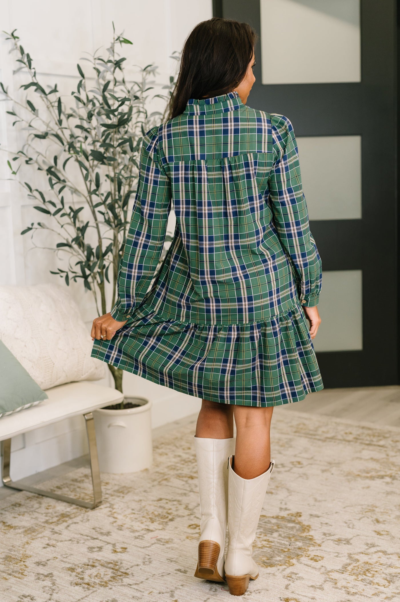 Plaid Perspective Split Neck Long Sleeve Dress-Womens-Ave Shops-Market Street Nest, Fashionable Clothing, Shoes and Home Décor Located in Mabank, TX