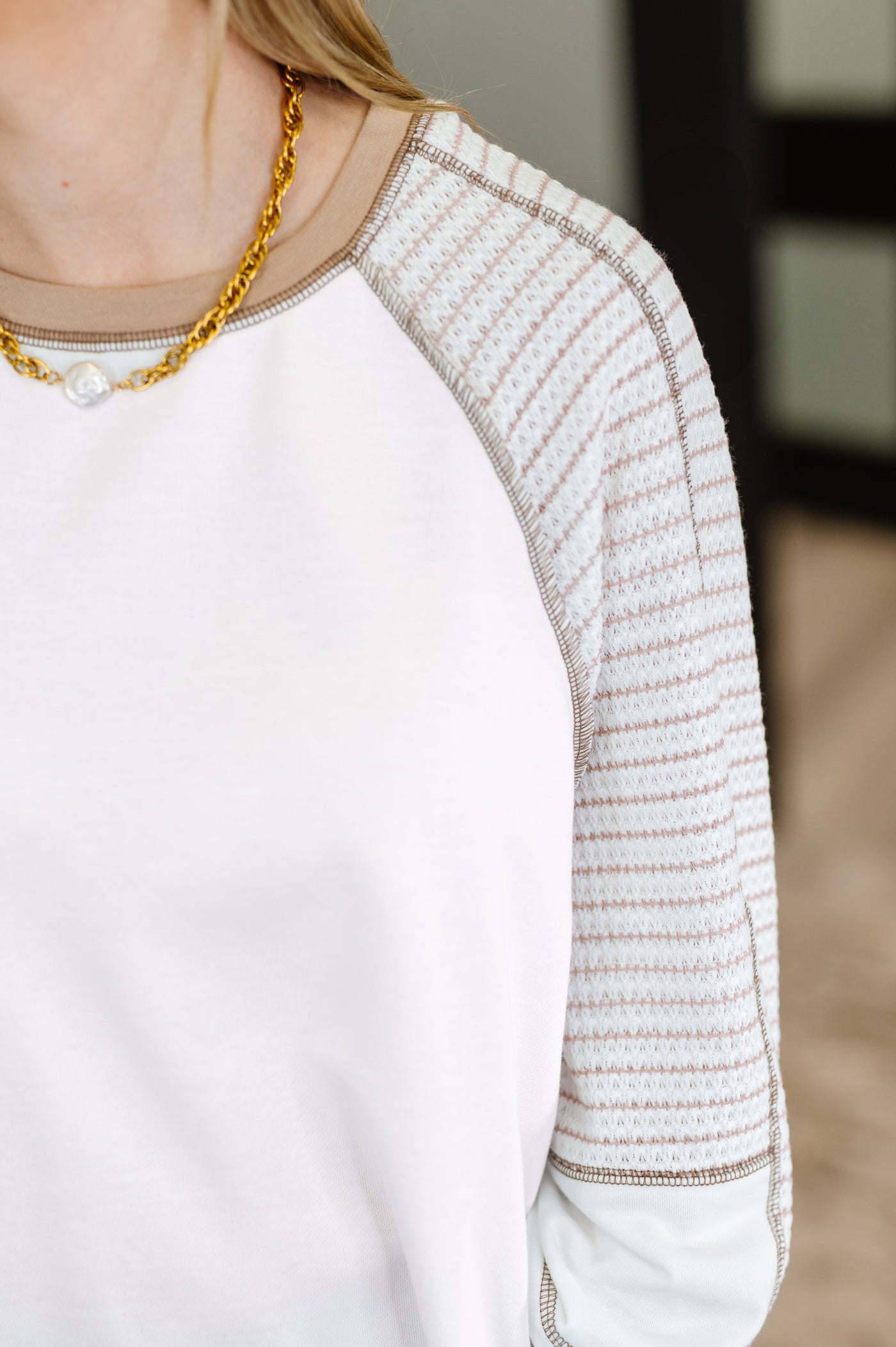 Preoccupied Striped Sleeve Top in Tan-Tops-Ave Shops-Market Street Nest, Fashionable Clothing, Shoes and Home Décor Located in Mabank, TX