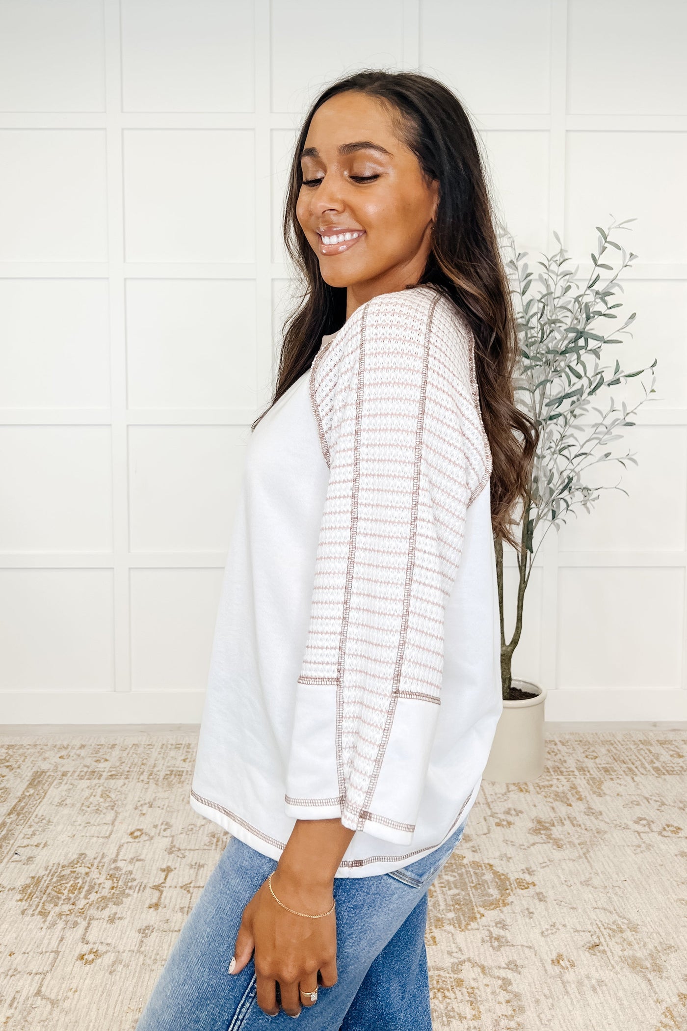 Preoccupied Striped Sleeve Top in Tan-Womens-Ave Shops-Market Street Nest, Fashionable Clothing, Shoes and Home Décor Located in Mabank, TX