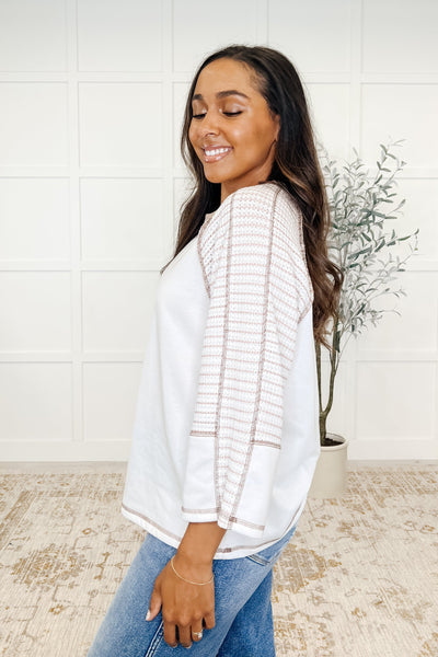 Preoccupied Striped Sleeve Top in Tan-Womens-Ave Shops-Market Street Nest, Fashionable Clothing, Shoes and Home Décor Located in Mabank, TX